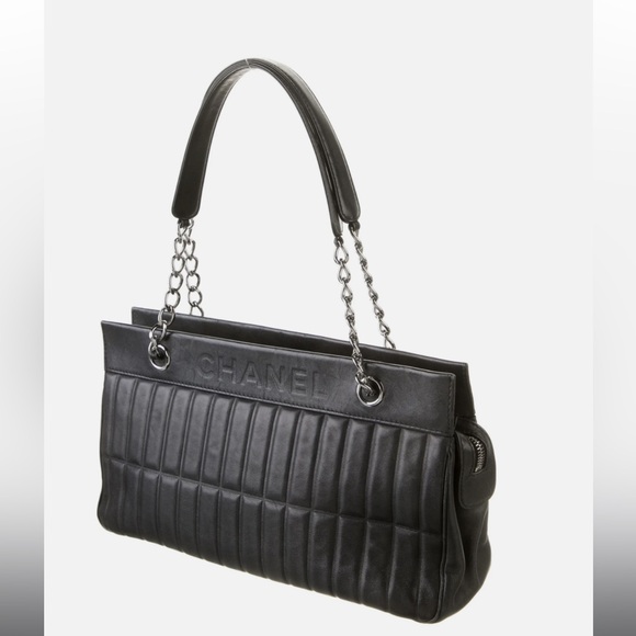 CHANEL ~ black leather LAX VERTICAL QUILTED Chain Clutch Shoulder Bag - Picture 2 of 10